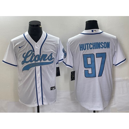 Men's Detroit Lions #97 Aidan Hutchinson White Cool Base Stitched Baseball Jersey