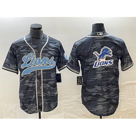 Men's Detroit Lions Grey Camo Team Big Logo Cool Base Stitched Baseball Jersey