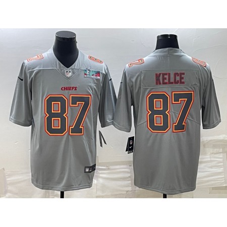 Men's Kansas City Chiefs #87 Travis Kelce Gray Super Bowl LVII Patch Atmosphere Fashion Stitched Jersey