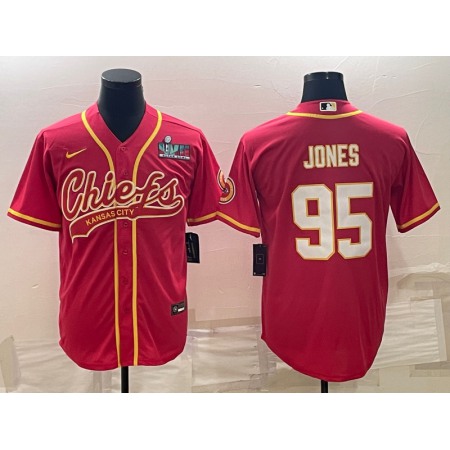 Men's Kansas City Chiefs #95 Chris Jones Red With Super Bowl LVII Patch Cool Base Stitched Baseball Jersey