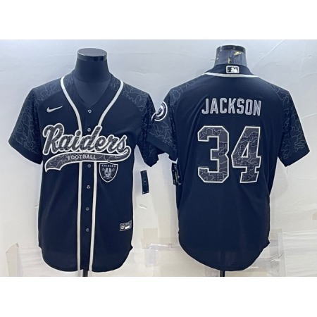 Men's Las Vegas Raiders #34 Bo Jackson Black Reflective With Patch Cool Base Stitched Baseball Jersey