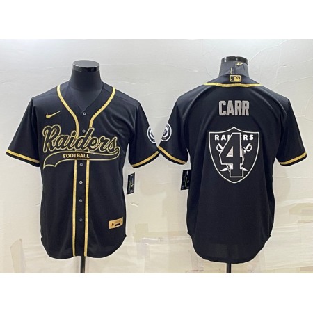 Men's Las Vegas Raiders #4 Derek Carr Black Gold Team Big Logo With Patch Cool Base Stitched Baseball Jersey