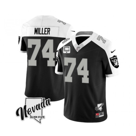 Men's Las Vegas Raiders #74 Kolton Miller Black/White 2023 F.U.S.E Nevada Silver Stat With 1-Star C patch Stitched Football Jersey
