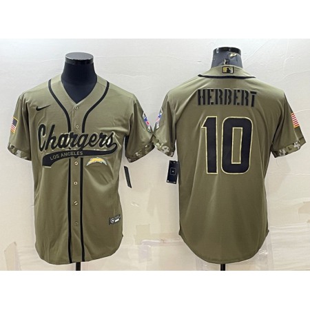Men's Los Angeles Chargers #10 Justin Herbert Olive 2022 Salute to Service Cool Base Stitched Baseball Jersey
