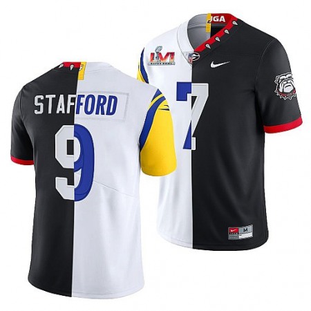 Men's Los Angeles Rams X Georgia Bulldogs #9 Matthew Stafford Black/White Split Super Bowl LVI Stitched Jersey