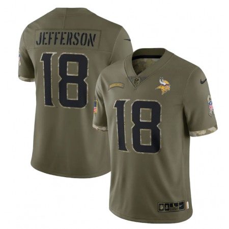 Men's Minnesota Vikings #18 Justin Jefferson Olive 2022 Salute To Service Limited Stitched Jersey