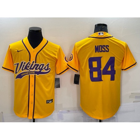 Men's Minnesota Vikings #84 Randy Moss Gold With Patch Cool Base Stitched Baseball Jersey