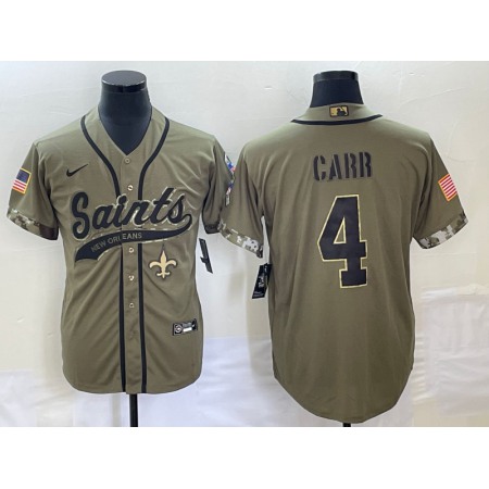 Men's New Orleans Saints #4 Derek Carr Olive Salute To Service With Patch Cool Base Stitched Baseball Jersey