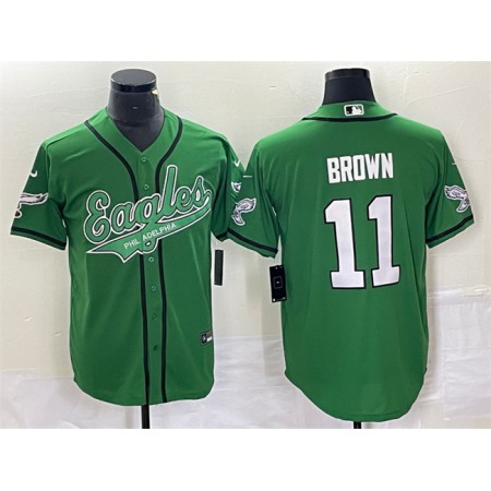 Men's Philadelphia Eagles #11 A. J. Brown Green Cool Base Stitched Baseball Jersey