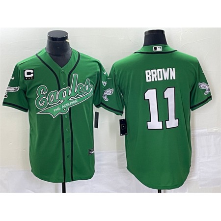 Men's Philadelphia Eagles #11 A. J. Brown Green With 3-star C Patch Cool Base Stitched Baseball Jersey