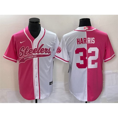 Men's Pittsburgh Steelers #32 Franco Harris White Pink Split Cool Base Stitched Baseball Jersey