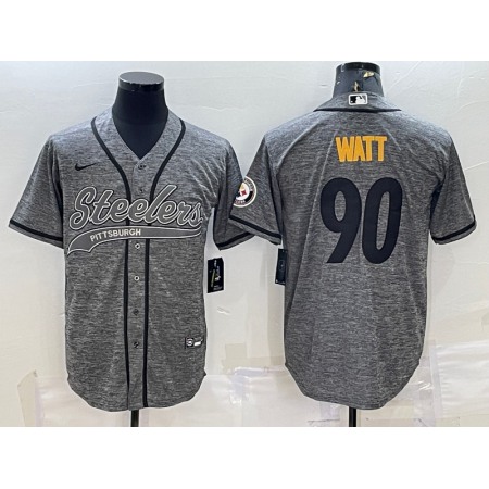 Men's Pittsburgh Steelers #90 T.J. Watt Grey With Patch Cool Base Stitched Baseball Jersey