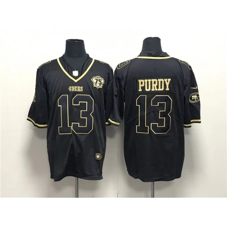 Men's San Francisco 49ers #13 Brock Purdy Black Gold With 75th Anniversary Patch Stitched Jersey