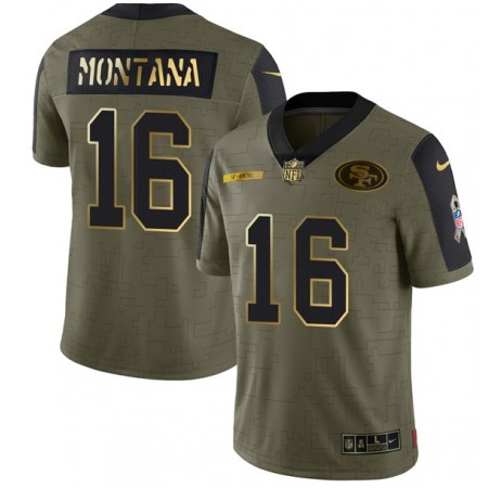 Men's San Francisco 49ers #16 Joe Montana 2021 Olive Salute To Service Golden Limited Stitched Jersey
