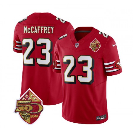 Men's San Francisco 49ers #23 Christian McCaffrey Red 2023 F.U.S.E. 50th Patch Throwback Stitched Football Jersey