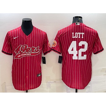 Men's San Francisco 49ers #42 Ronnie Lott Red With Patch Cool Base Stitched Baseball Jersey
