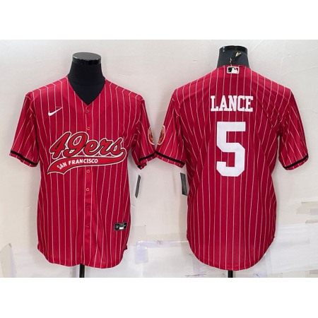 Men's San Francisco 49ers #5 Trey Lance Red With Patch Cool Base Stitched Baseball Jersey