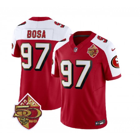 Men's San Francisco 49ers #97 Nick Bosa Red/White 2023 F.U.S.E. 50th Patch Throwback Stitched Football Jersey