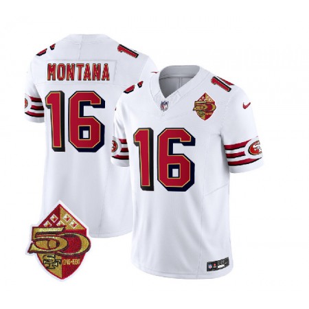 Men's San Francisco 49ers #16 Joe Montana White 2023 F.U.S.E. 50th Patch Throwback Stitched Football Jersey