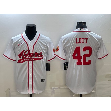 Men's San Francisco 49ers #42 Ronnie Lott White With Patch Cool Base Stitched Baseball Jersey
