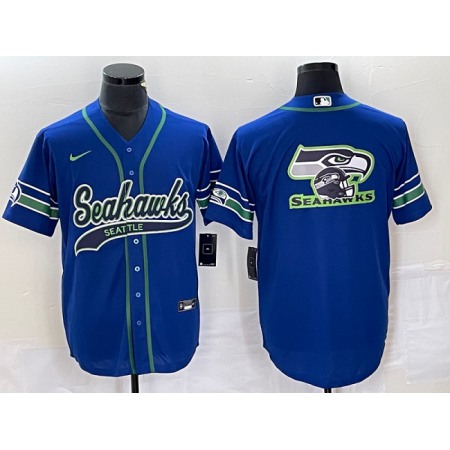 Men's Seattle Seahawks Royal Throwback Team Big Logo Cool Base Stitched Baseball Jersey