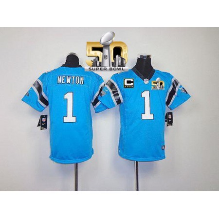 Nike Panthers #1 Cam Newton Blue Alternate With C Patch Super Bowl 50 Youth Stitched NFL Elite Jersey