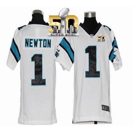Nike Panthers #1 Cam Newton White Super Bowl 50 Youth Stitched NFL Elite Jersey