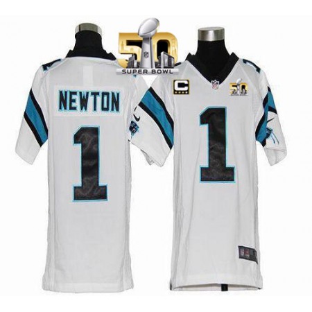 Nike Panthers #1 Cam Newton White With C Patch Super Bowl 50 Youth Stitched NFL Elite Jersey