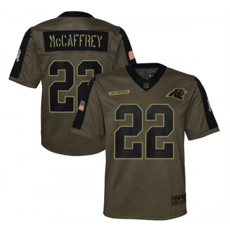 Youth Carolina Panthers #22 Christian McCaffrey 2021 Olive Salute To Service Limited Stitched Jersey