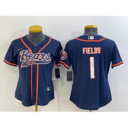 Youth Chicago Bears #1 Justin Fields Navy With Patch Cool Base Stitched Baseball Jersey