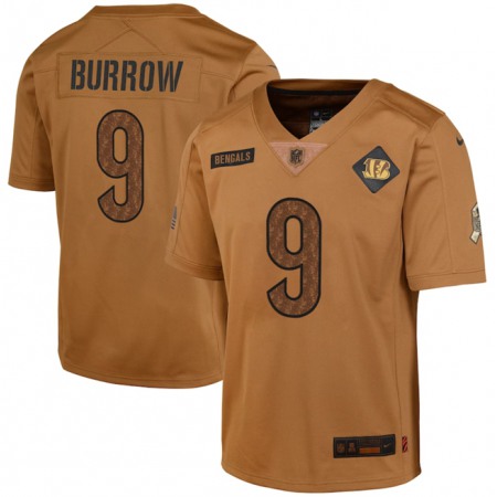 Youth Cincinnati Bengals #9 Joe Burrow 2023 Brown Salute To Service Limited Stitched Football Jersey