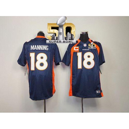 Nike Broncos #18 Peyton Manning Blue Alternate With C Patch Super Bowl 50 Youth Stitched NFL Elite Jersey