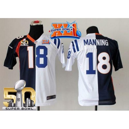Nike Broncos #18 Peyton Manning Blue/White Super Bowl XLI & Super Bowl 50 Youth Stitched NFL Elite Split Colts Jersey