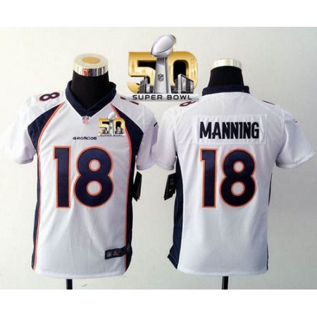 Nike Broncos #18 Peyton Manning White Super Bowl 50 Youth Stitched NFL Elite Jersey