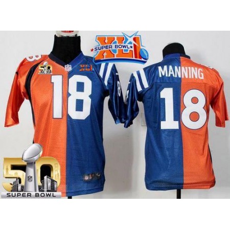 Nike Colts #18 Peyton Manning Orange/Blue Super Bowl XLI & Super Bowl 50 Youth Stitched NFL Elite Split Broncos Jersey