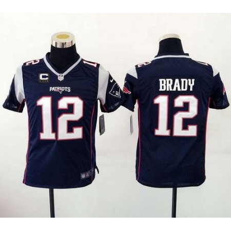 Nike Patriots #12 Tom Brady Navy Blue Team Color With C Patch Youth Stitched NFL New Elite Jersey
