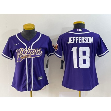 Youth Minnesota Vikings #18 Justin Jefferson Purple With Patch Cool Base Stitched Baseball Jersey