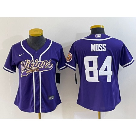 Youth Minnesota Vikings #84 Randy Moss Purple With Patch Cool Base Stitched Baseball Jersey