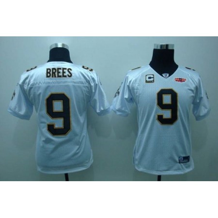 Saints #9 Drew Brees White With Super Bowl Patch Stitched Youth NFL Jersey