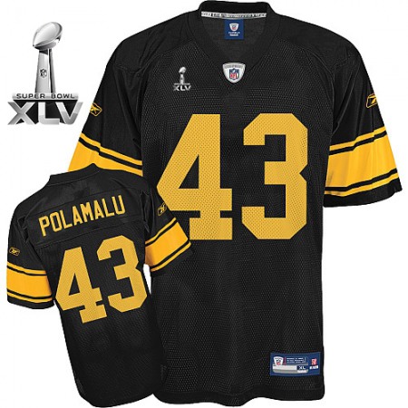 Steelers #43 Troy Polamalu Black With Yellow Number Super Bowl XLV Stitched Youth NFL Jersey