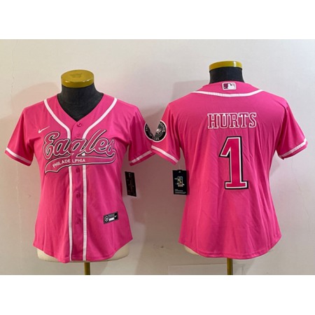 Youth Philadelphia Eagles #1 Jalen Hurts Pink Cool Base Stitched Baseball Jersey