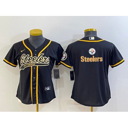 Youth Pittsburgh Steelers Black Team Big Logo With Patch Cool Base Stitched Baseball Jersey
