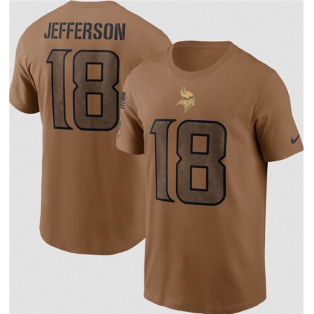 Men's Minnesota Vikings #18 Justin Jefferson 2023 Brown Salute To Service Name & Number T-Shirt