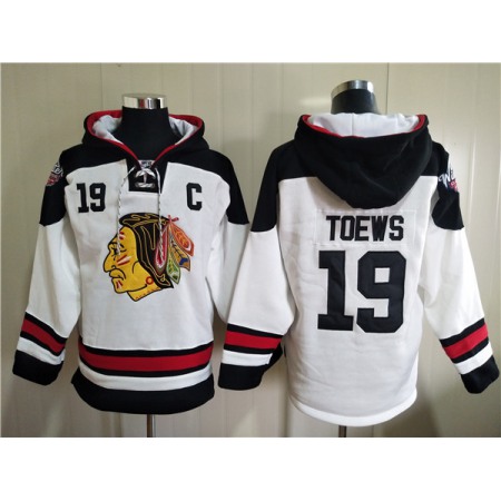 Men's Chicago Blackhawks #19 Jonathan Toews White Ageless Must-Have Lace-Up Pullover Hoodie