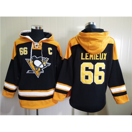 Men's Pittsburgh Penguins #66 Mario Lemieux Black Ageless Must-Have Lace-Up Pullover Hoodie