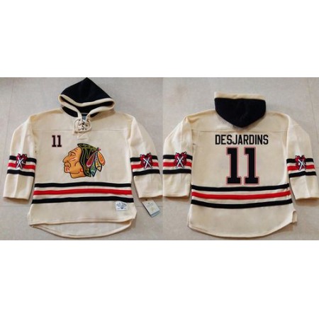 Blackhawks #11 Andrew Desjardins Cream Heavyweight Pullover Hoodie Stitched NHL Jersey
