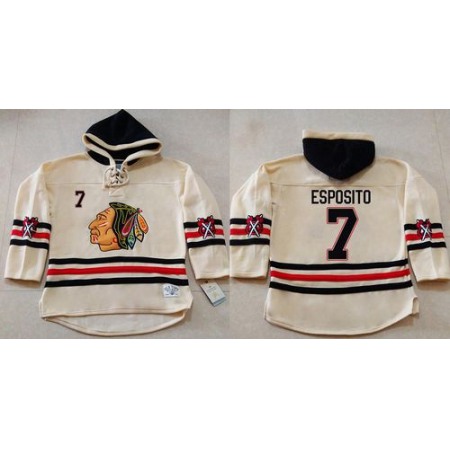 Blackhawks #7 Tony Esposito Cream Heavyweight Pullover Hoodie Stitched NHL Jersey
