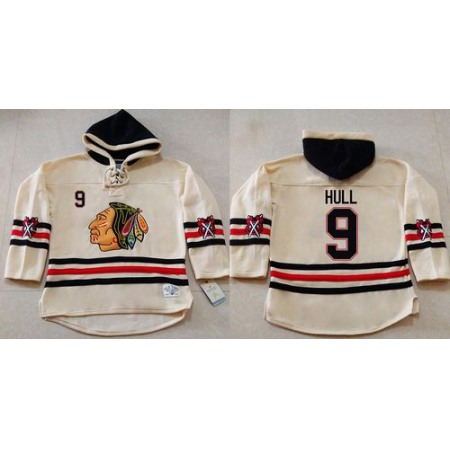 Blackhawks #9 Bobby Hull Cream Heavyweight Pullover Hoodie Stitched NHL Jersey