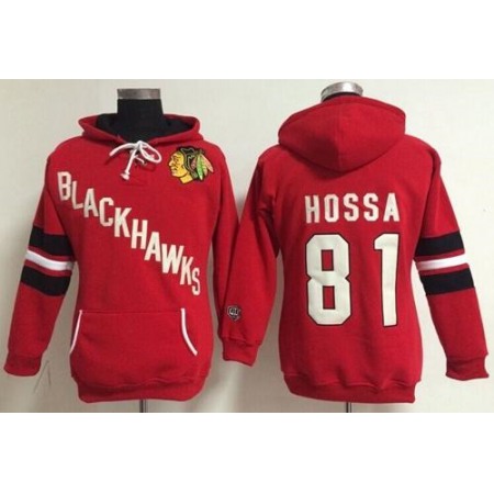 Chicago Blackhawks #81 Marian Hossa Red Women's Old Time Heidi NHL Hoodie