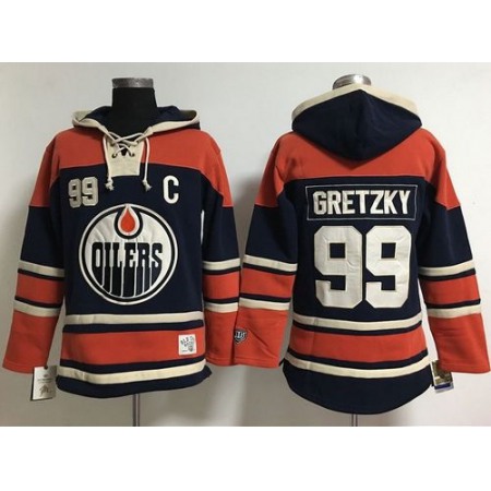 Edmonton Oilers #99 Wayne Gretzky Navy Blue Women's Old Time Lacer NHL Hoodie